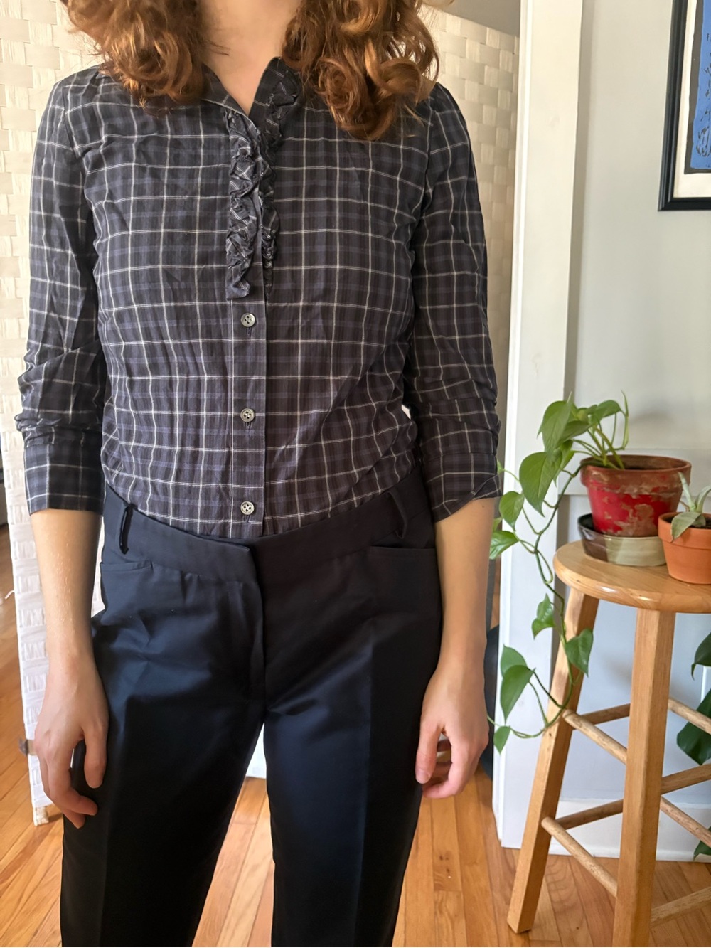 Theory Plaid Ruffle Button-Up Shirt